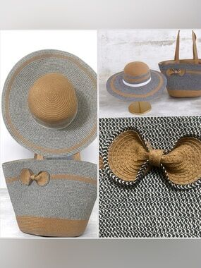 🔥 🆕Tan and Black Woven Striped Straw Floppy Sun Hat & Tote Set